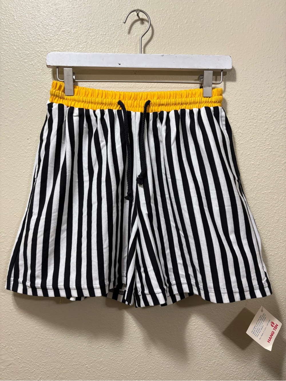 80s Hang Ten Black & White Striped Shorts with Yellow Waistband